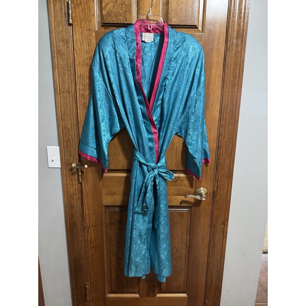 Vintage California Dynasty Kimono Robe Womens Large Teal Satin Rose Jacquard 80s